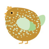 A gold and gluppy chicken with a speckle pattern