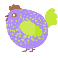 A lilac and lime chicken with a speckle pattern