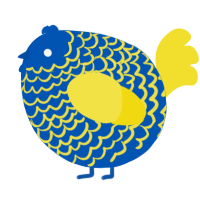A ultramarine and yellow chicken with a lace pattern