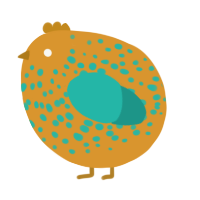 A orange and turquoise chicken with a speckle pattern