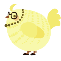 A apple and yellow chicken with a bar pattern