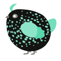 A black and mint chicken with a speckle pattern