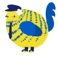A yellow and ultramarine chicken with a bar pattern