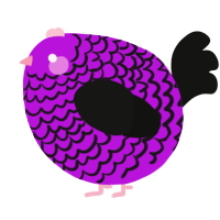 A amethyst and black chicken with a lace pattern