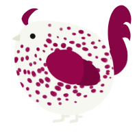 A white and maroon chicken with a speckle pattern
