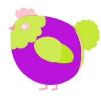 A amethyst and lime chicken with a head pattern