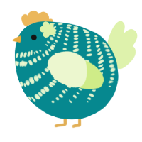 A teal and apple chicken with a bar pattern