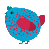 A cerulean and crimson chicken with a speckle pattern