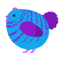 A sky and violet chicken with a bar pattern