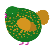 A leaf and ochre chicken with a speckle pattern