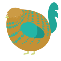 A gold and turquoise chicken with a bar pattern