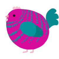 A fuchsia and teal chicken with a bar pattern