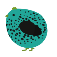 A turquoise and black chicken with a speckle pattern