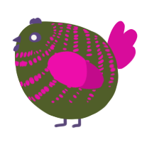 A olive and fuchsia chicken with a bar pattern