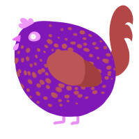 A violet and red chicken with a speckle pattern