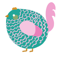 A turquoise and pink chicken with a lace pattern