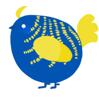 A ultramarine and yellow chicken with a half-bar pattern