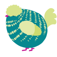 A teal and lemon chicken with a bar pattern