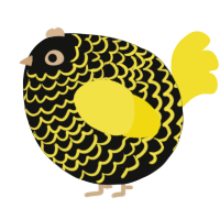 A black and yellow chicken with a lace pattern