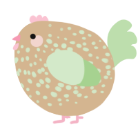 A beige and gluppy chicken with a speckle pattern