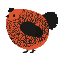 A vermilion and sable chicken with a double-lace pattern