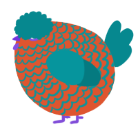 A vermilion and teal chicken with a lace pattern