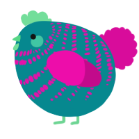 A teal and fuchsia chicken with a bar pattern