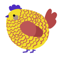 A yellow and red chicken with a lace pattern