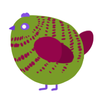 A chartreuse and maroon chicken with a bar pattern