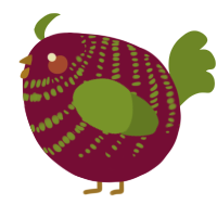 A maroon and chartreuse chicken with a bar pattern