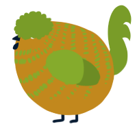 A ochre and chartreuse chicken with a bar pattern