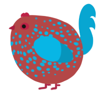 A red and cerulean chicken with a speckle pattern