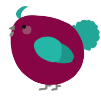 A maroon and turquoise chicken