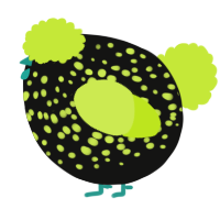 A black and lime chicken with a speckle pattern