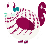 A white and maroon chicken with a bar pattern