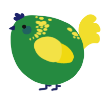 A viridian and yellow chicken with a neck-speckle pattern