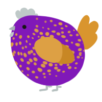 A violet and orange chicken with a speckle pattern