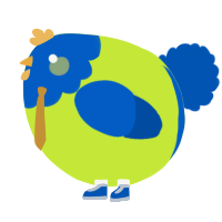 A lime and ultramarine chicken with a head pattern