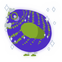 A indigo and chartreuse chicken with a bar pattern