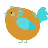 A orange and aqua chicken with a neck-speckle pattern