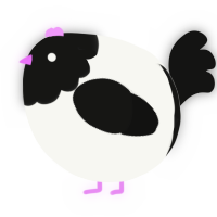 A white and black chicken with a head pattern