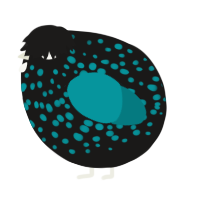 A sable and teal chicken with a speckle pattern