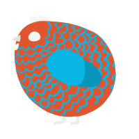 A vermilion and cerulean chicken with a lace pattern