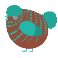 A russet and turquoise chicken with a bar pattern