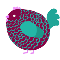 A maroon and turquoise chicken with a lace pattern