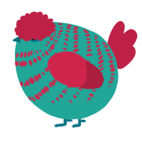 A turquoise and crimson chicken with a bar pattern