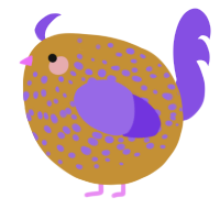 A gold and blurple chicken with a speckle pattern