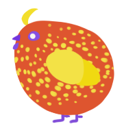 A vermilion and yellow chicken with a speckle pattern