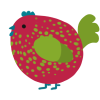 A crimson and chartreuse chicken with a speckle pattern