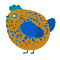 A ochre and ultramarine chicken with a speckle pattern